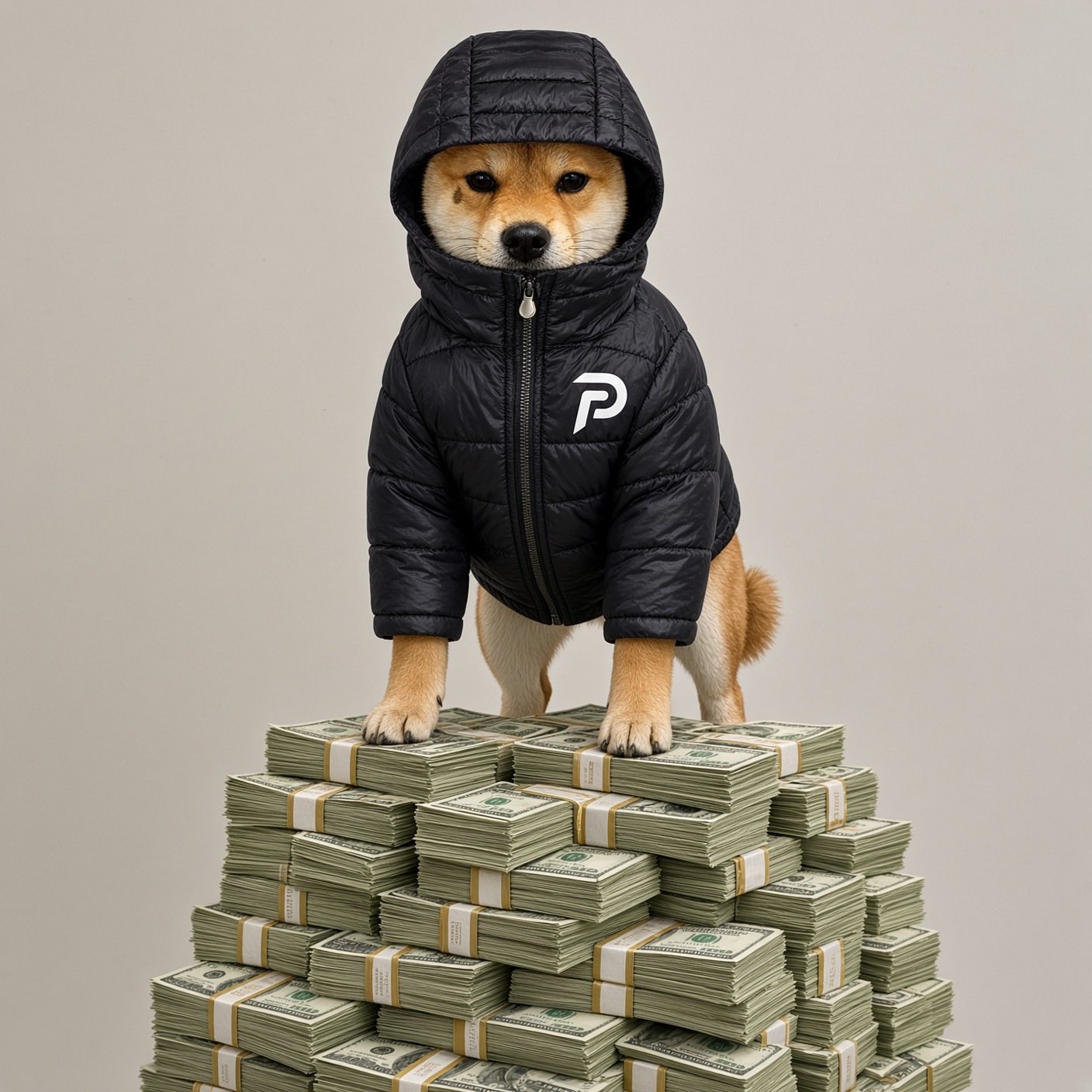 Shiba in a puffer jacket standing on stacks of cash
