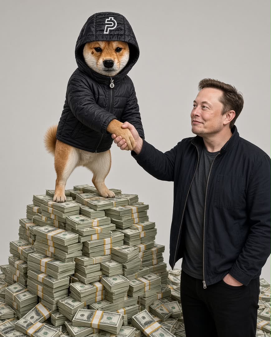 Shiba shaking hands with Elon on a pile of money