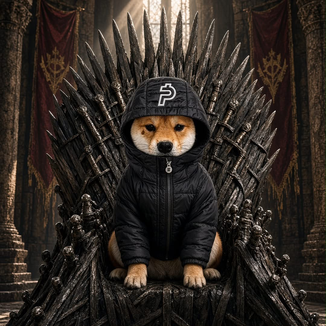 Shiba in a $PAID puffer sitting on the Iron Throne