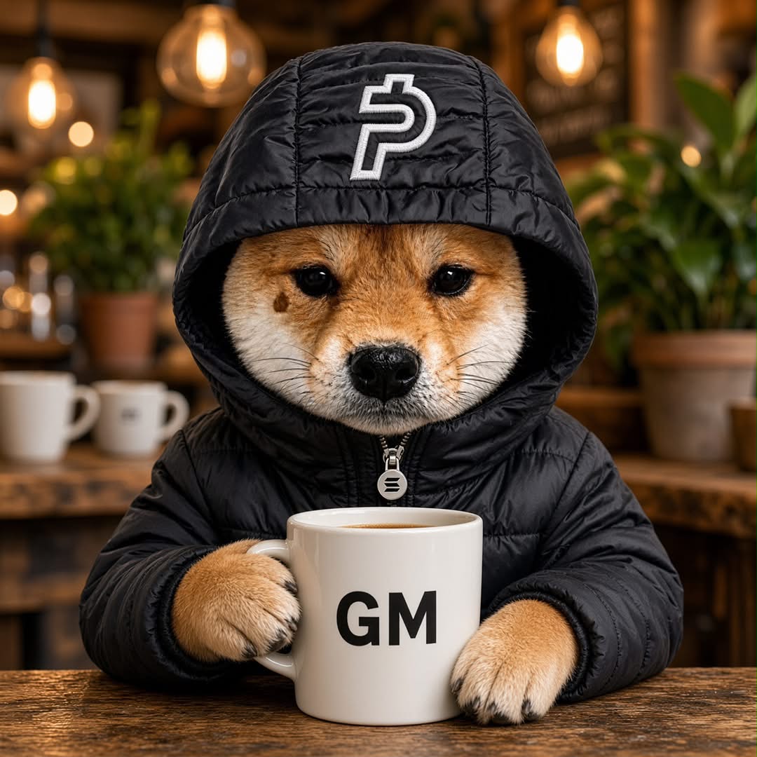 Shiba in a $PAID puffer holding a GM coffee mug