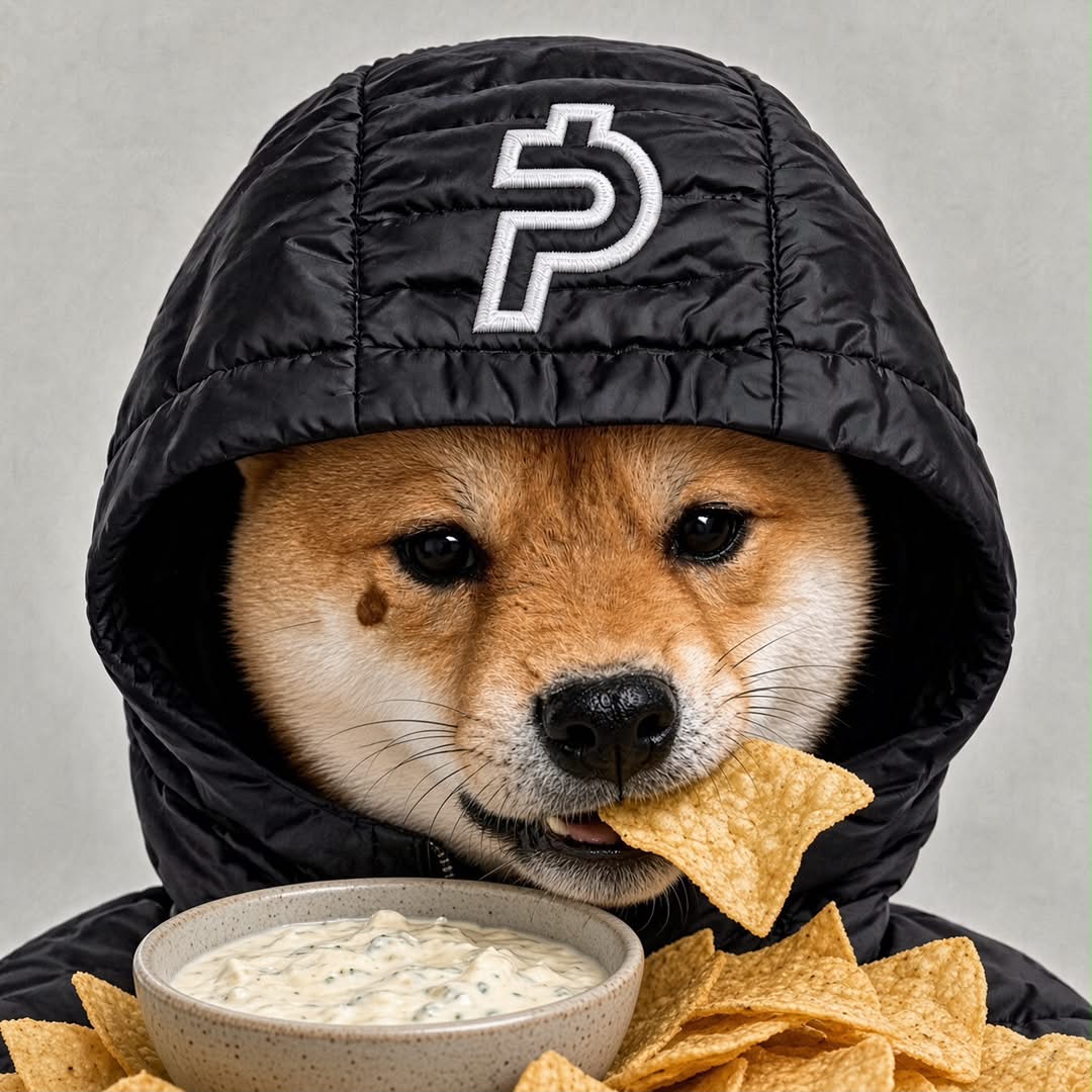 Shiba in a $PAID puffer snacking on nachos with dip