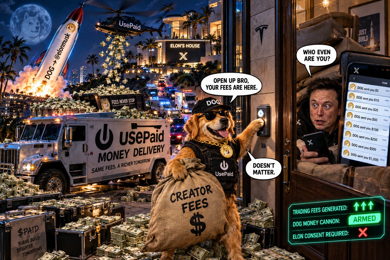 UsePaid money delivery meme at Elon's house